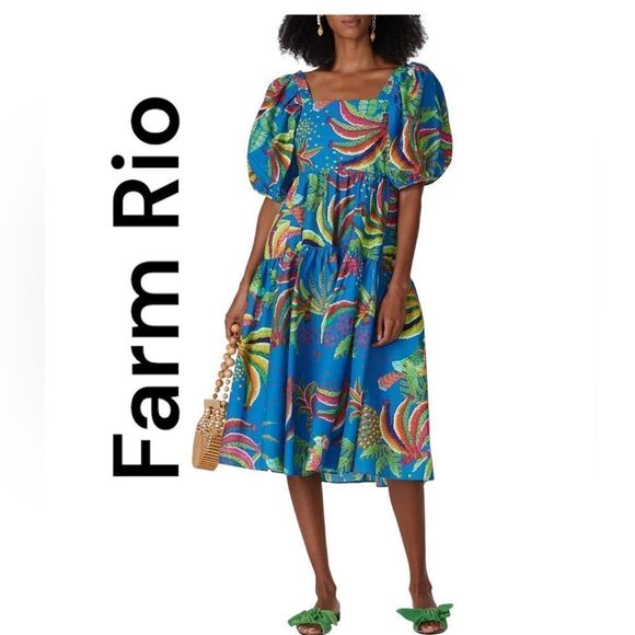 NWT FARM Rio Blue Banana Midi Dress Size S - Picture 1 of 16